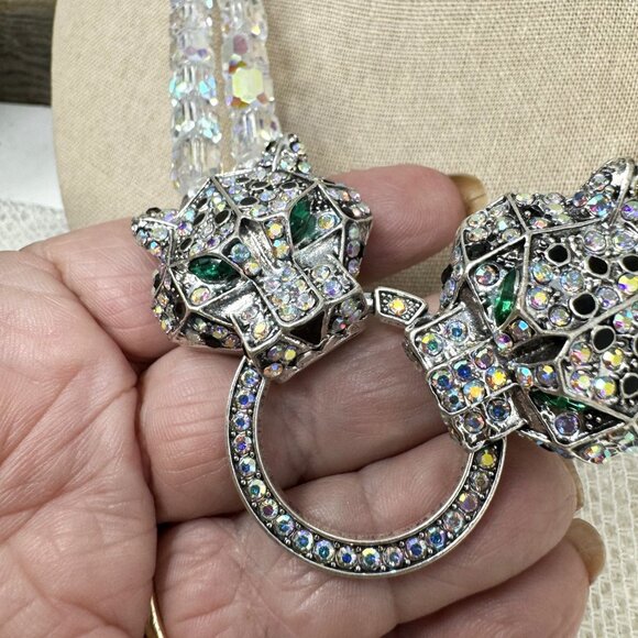 Vintage Rhinestone Panther Clasp Clear Crystal Bead Necklace - Picture 5 of 13
